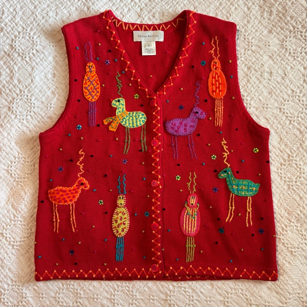 Vintage Susan Bristol Hand Embroidered Christmas Reindeer Sweater Vest